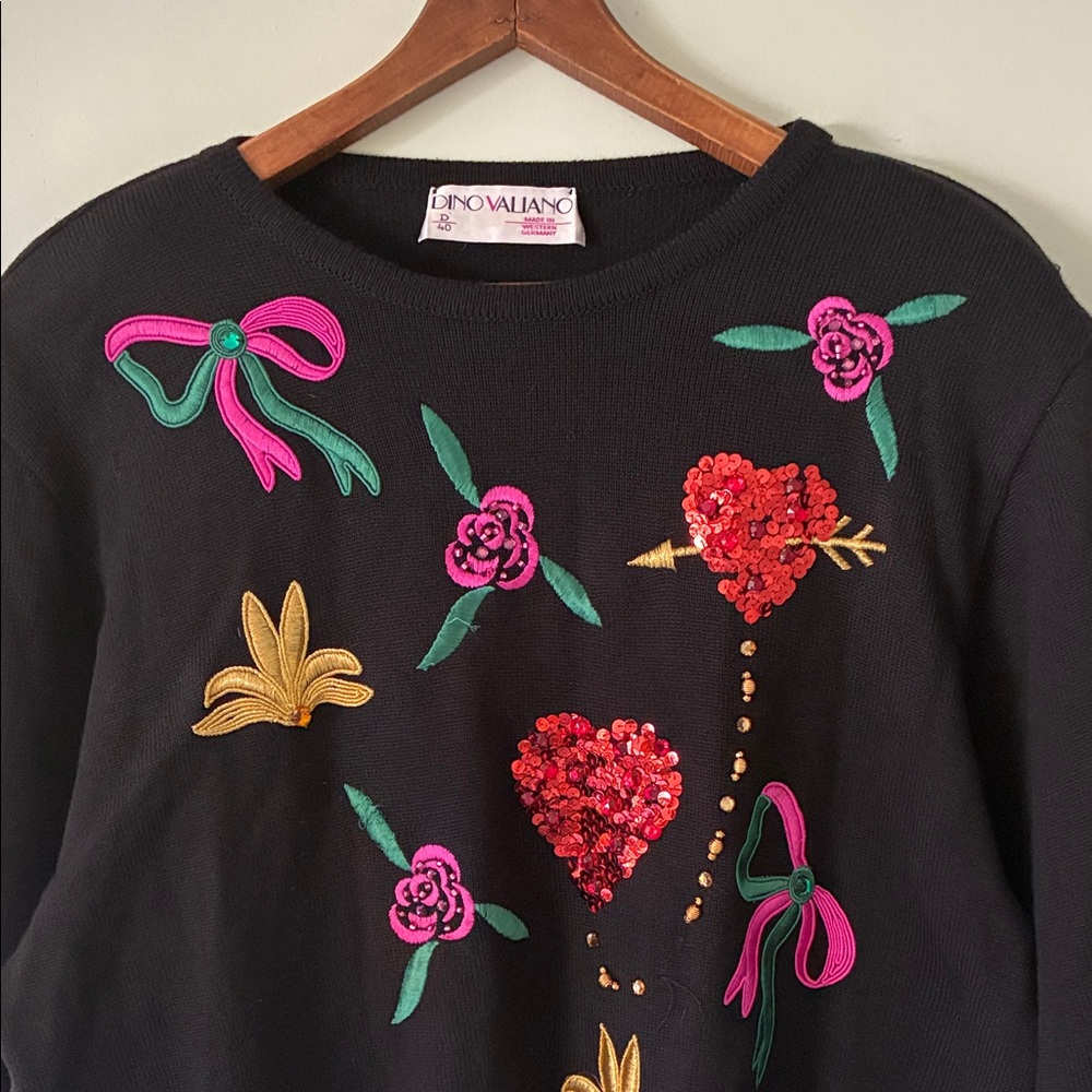 Vtg 80s Dino Valiano Black 100% Wool Sweater Sequins Hearts Bows Flowers